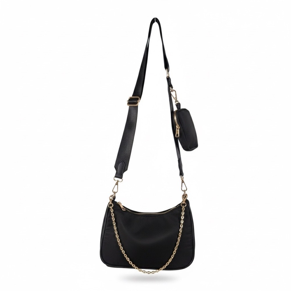 NWT Multi-Pouch Solid Crossbody Bag Black Utility Chain Strap Size OS - Picture 2 of 2
